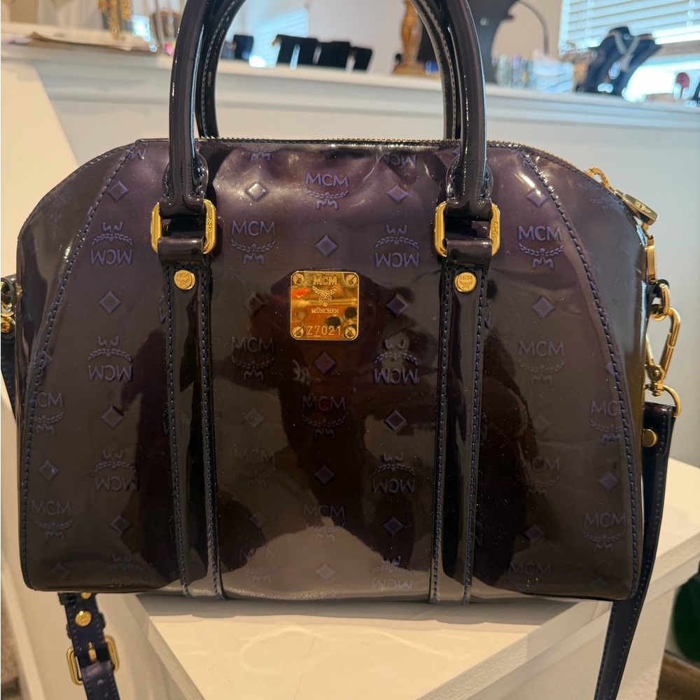 MCM Women’s Patent Leather Dome Satchel in Dark Purple